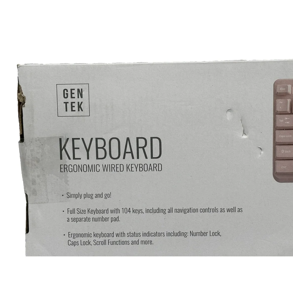 Gen Tek Ergonomic Wired Pink Keyboard Full Size USB Plug & Go With Number Pad